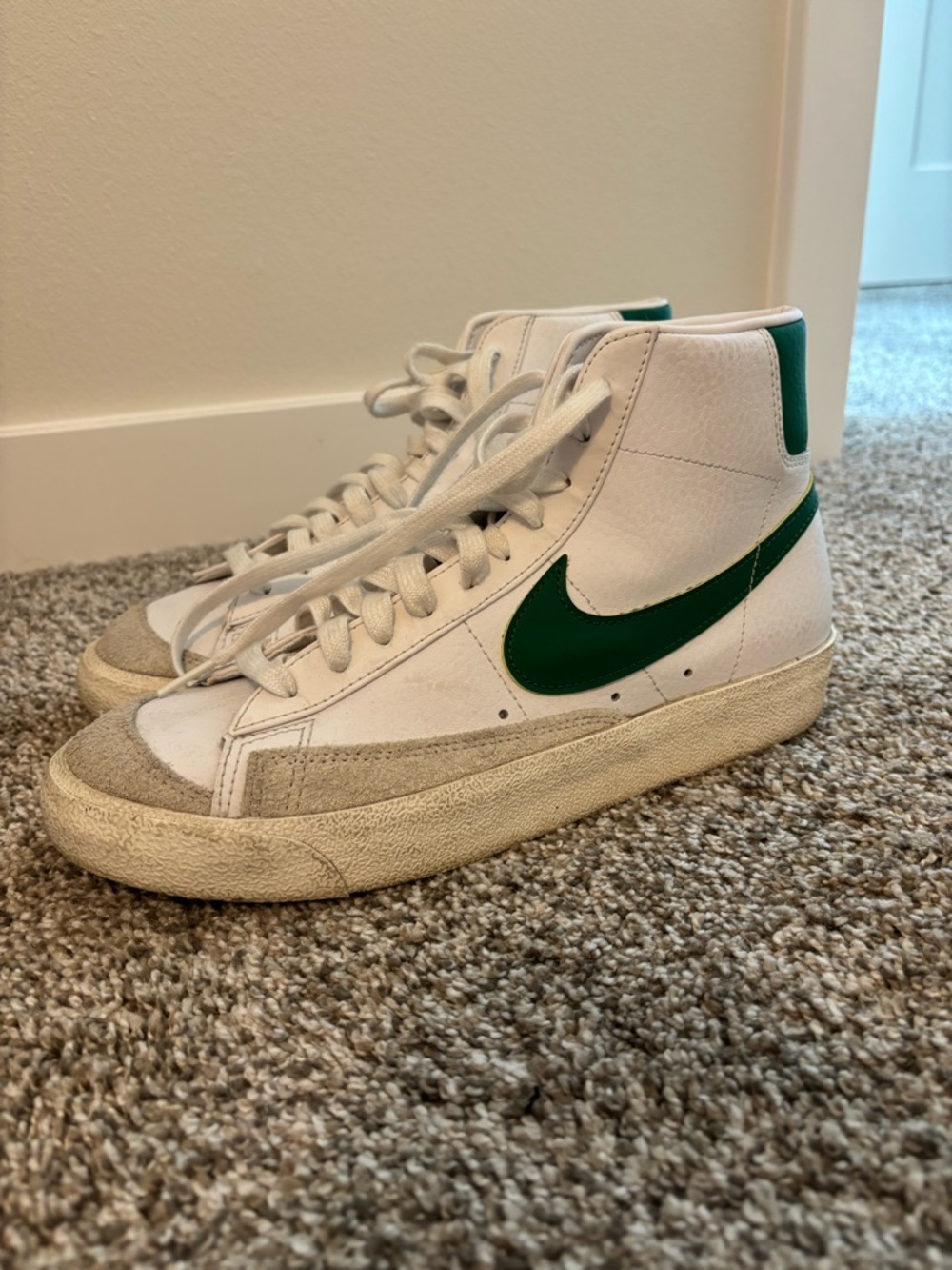 Nike White Sneakers with Yellow Tongue and Green Accent